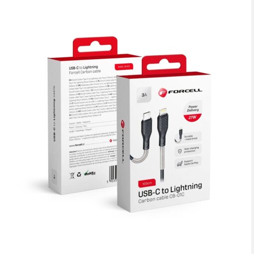 FORCELL Carbon Kabel Typ C zu iPhone Lightning 8-pin Power Delivery PD27W CB-01C schwarz 1 Meter