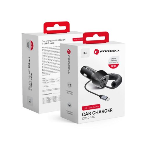 KFZ - Ladegerät FORCELL CARBON USB QC 3.0 18W + Kabel Typ C 3.0 PD20W CC50-1AC schwarz (Total 38W)