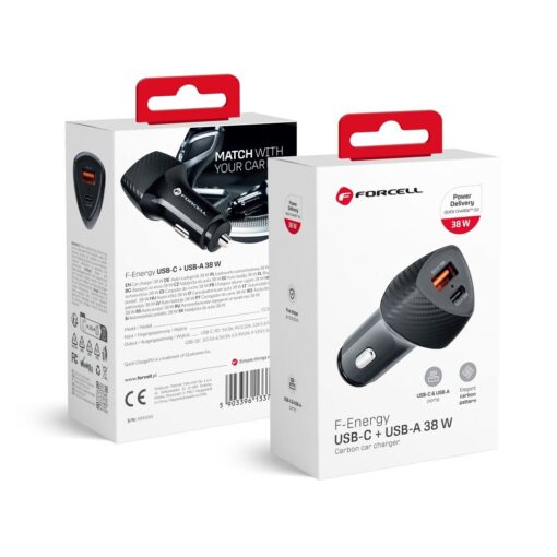 KFZ - Ladegerät FORCELL CARBON Typ C 3.0 PD20W + USB QC3.0 18W 5A CC50-1A1C schwarz (Total 38W)