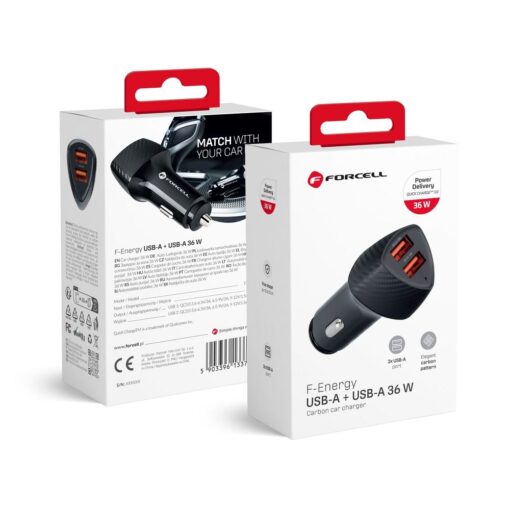 KFZ - Ladegerät FORCELL CARBON USB QC 3.0 18W + USB QC 3.0 18W CC50-2A36W schwarz (Total 36W)
