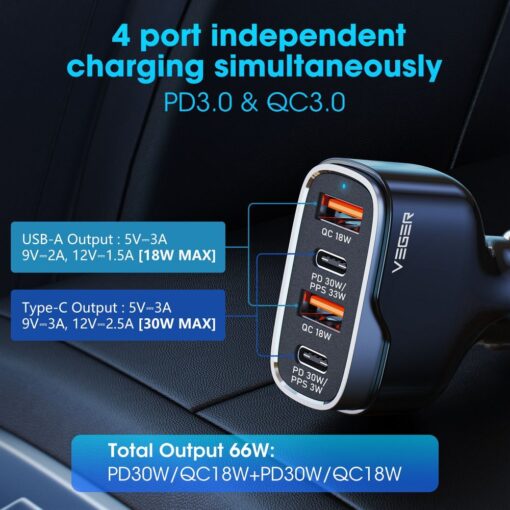 VEGER Autoladegerät 2 x USB A + 2 x Typ C PD QC 3A 66W CC53-2A2C schwarz – Bild 3