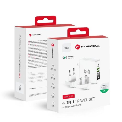 Forcell F-Energy Multifunktionsladegerät 4in1 15W mit USB/USB typ C, Power Bankiem 8000mAh und kabelloses Laden