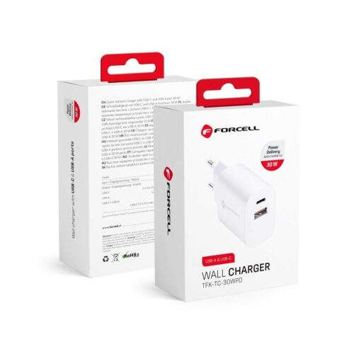 Forcell Netz-Ladegerät - 3A 30W mit zwei Anschlüssen: USB Typ C und USB A mit PD und QC 4.0 Aufladung