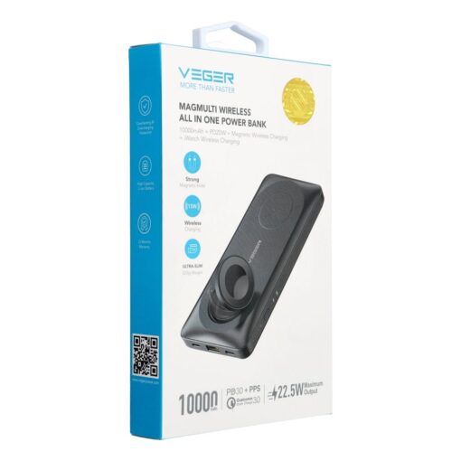 VEGER Powerbank 10 000 mAh mit induktiver Aufladung kompatibel mit MagSafe PD QC3.0 3A 22.5W MagMulti (W1156) schwarz – Bild 9