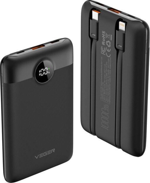 VEGER Powerbank 10 000 mAh mit integrierten Kabeln Typ C / Lightning PD QC3.0 2A 22.5W C11 (W1170) schwarz