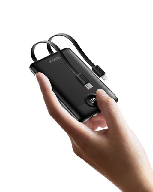 VEGER Powerbank 10 000 mAh mit integrierten Kabeln Typ C / Lightning PD QC3.0 2A 22.5W C11 (W1170) schwarz – Bild 3