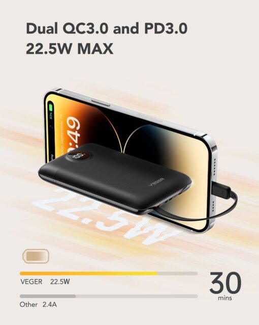 VEGER Powerbank 10 000 mAh mit integrierten Kabeln Typ C / Lightning PD QC3.0 2A 22.5W C11 (W1170) schwarz – Bild 5