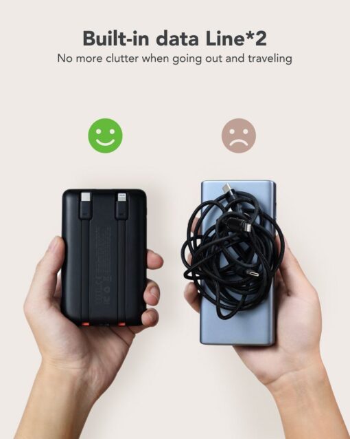 VEGER Powerbank 10 000 mAh mit integrierten Kabeln Typ C / Lightning PD QC3.0 2A 22.5W C11 (W1170) schwarz – Bild 6