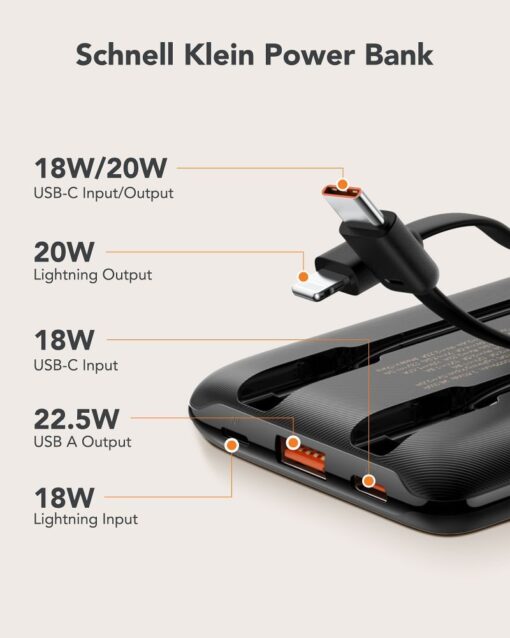 VEGER Powerbank 10 000 mAh mit integrierten Kabeln Typ C / Lightning PD QC3.0 2A 22.5W C11 (W1170) schwarz – Bild 7