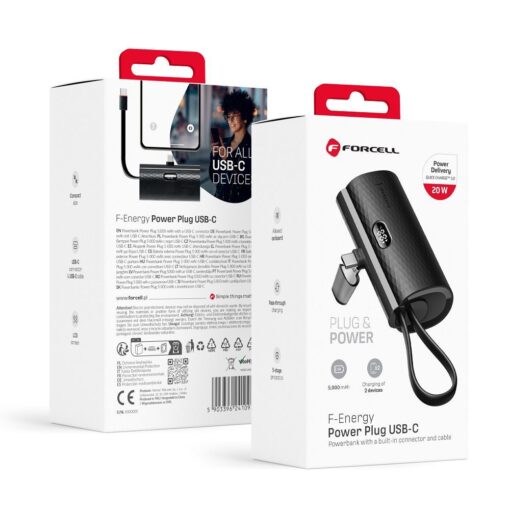FORCELL F-ENERGY Power Plug F5K3 Powerbank 5.000mAh mit integriertem Typ C PD 20W Anschluss schwarz