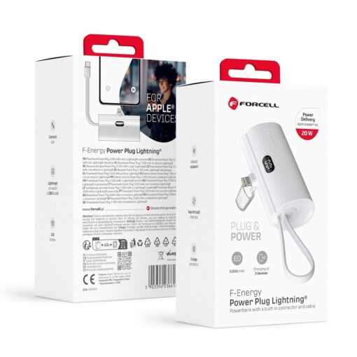 FORCELL F-ENERGY Power Plug F5K3 Powerbank 5.000mAh mit integriertem Anschluss für Lightning 8-PIN PD 20W weiß