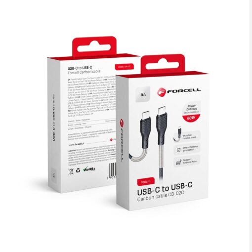 FORCELL Carbon Kabel Typ C auf Typ C 3.0 QC Power Delivery PD 60W CB-02C schwarz 1 Meter