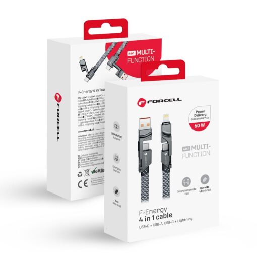 FORCELL F-ENERGY C241 4in1 cable Type C / USB A to Type C / Lightning QC PD 3A 60W 1 m chrome