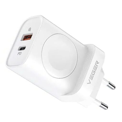 VEGER Netz-Ladegerät USB + Typ C + Ladegerät kompatibel mit Apple Watch PD 25W W002E weiß