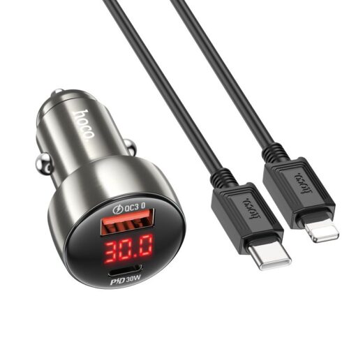 HOCO USB A + Typ C Autoladegerät mit Display + Typ C zu Lightning PD QC3.0 3A 48W Kabel Z50 Metall grau