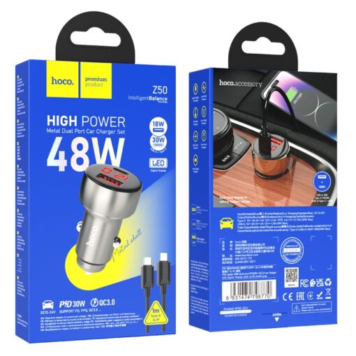 HOCO USB A + Typ C Autoladegerät mit Display + Typ C zu Lightning PD QC3.0 3A 48W Kabel Z50 Metall grau – Bild 5