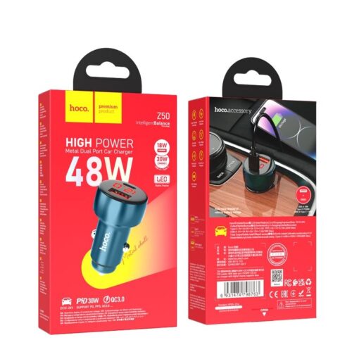 HOCO USB A + Typ C Autoladegerät mit Display PD QC3.0 3A 48W Z50 blau – Bild 6