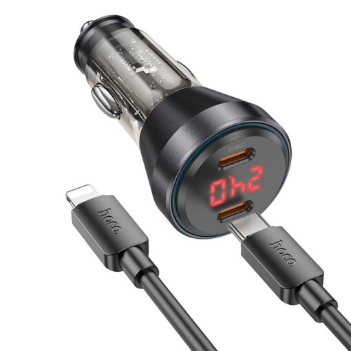 HOCO Autoladegerät 2 x Typ C mit Display + Typ C zu Lightning Kabel PD QC3.0 3A 60W NZ12C transparent schwarz – Bild 3