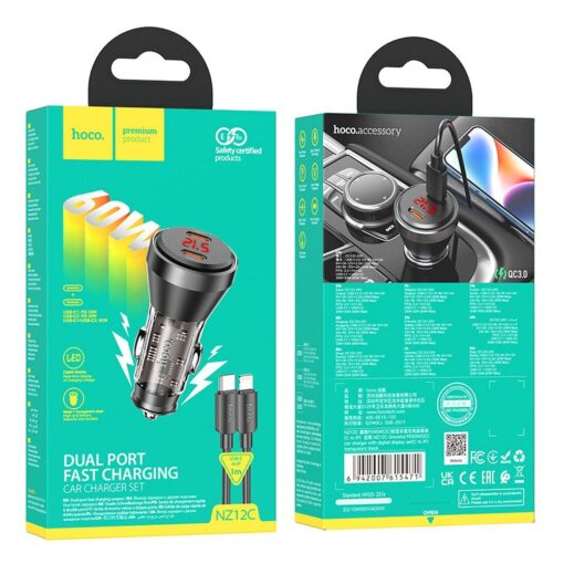HOCO Autoladegerät 2 x Typ C mit Display + Typ C zu Lightning Kabel PD QC3.0 3A 60W NZ12C transparent schwarz – Bild 7
