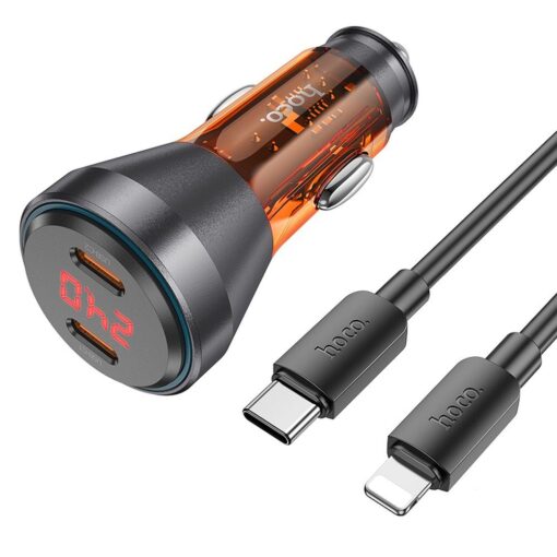 HOCO Autoladegerät 2 x Typ C mit Display + Typ C zu Lightning Kabel PD QC3.0 3A 60W NZ12C transparent orange