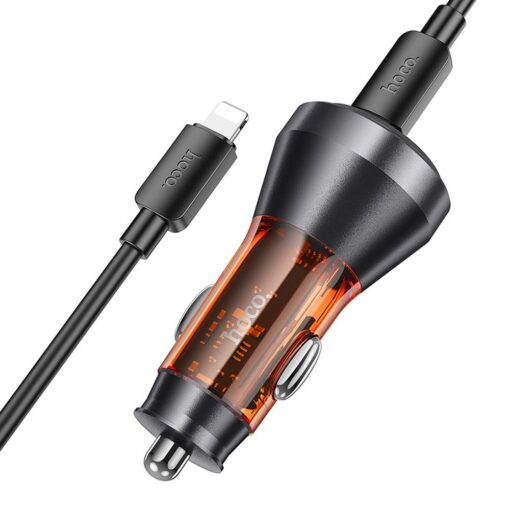 HOCO Autoladegerät 2 x Typ C mit Display + Typ C zu Lightning Kabel PD QC3.0 3A 60W NZ12C transparent orange – Bild 3