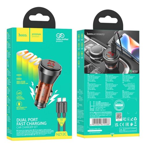 HOCO Autoladegerät 2 x Typ C mit Display + Typ C zu Lightning Kabel PD QC3.0 3A 60W NZ12C transparent orange – Bild 5