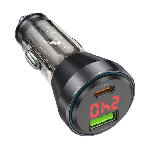 HOCO USB A + Typ C Autoladegerät mit Display + Typ C zu Lightning PD QC3.0 3A 48W Kabel NZ12B transparent schwarz