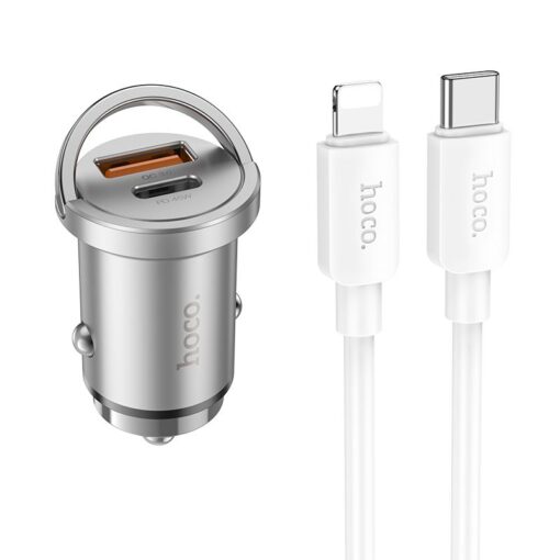 HOCO Autoladegerät USB A + Typ C + Kabel Typ C zu Lightning PD QC3.0 4A 45W NZ10 silber