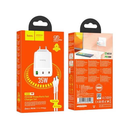 HOCO Netz-Ladegerät 2 x Typ C + USB A + Typ C auf Typ C Kabel PD QC3.0 3A 35W N33 weiß – Bild 10