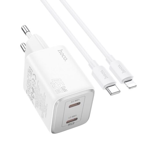 HOCO Netz-Ladegerät 2 x Typ C + Typ C zu Lightning PD QC Kabel 45W GaN N42 weiß
