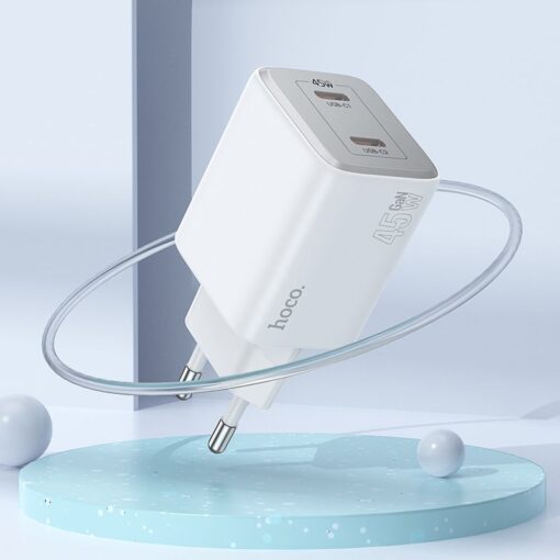 HOCO Netz-Ladegerät 2 x Typ C + Typ C zu Lightning PD QC Kabel 45W GaN N42 weiß – Bild 4