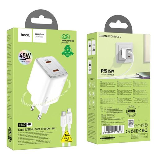 HOCO Netz-Ladegerät 2 x Typ C + Typ C zu Lightning PD QC Kabel 45W GaN N42 weiß – Bild 5