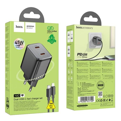 HOCO Netz-Ladegerät 2 x Typ C + Typ C zu Lightning PD QC Kabel 45W GaN N42 schwarz – Bild 6