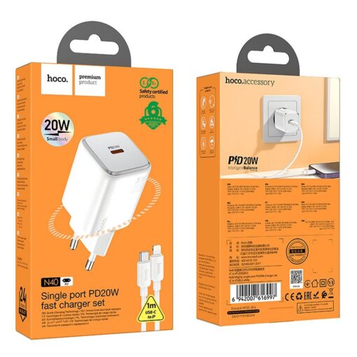 HOCO Netz-Ladegerät Typ C + Kabel Typ C auf Lightning QC PD 20W N40 weiß – Bild 6