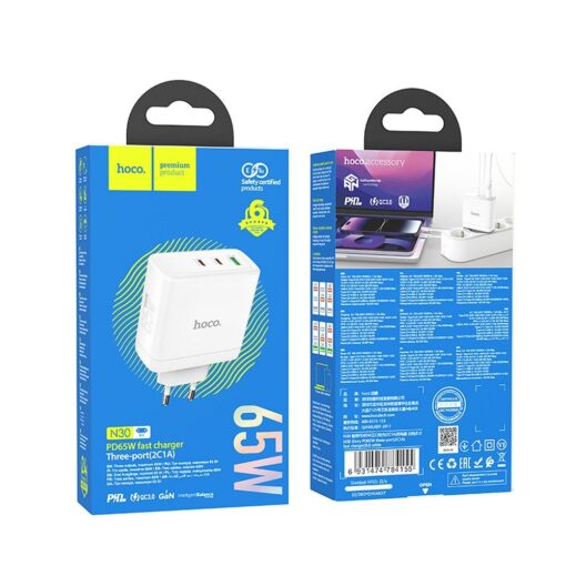 HOCO Netz-Ladegerät 2 x Typ C + USB A QC PD 65W GaN N30 weiß – Bild 10