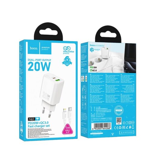 HOCO wall charger USB A + Type C + cable Type C to Lightning PD QC3.0 3A 20W N61 white – Bild 6
