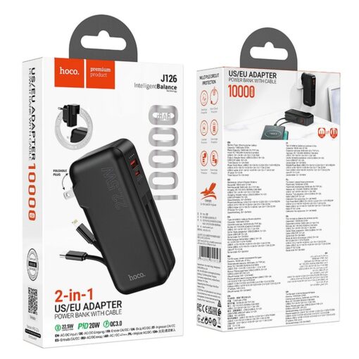 HOCO Powerbank 10 000 mAh mit integrierter EU / US Buchse und Kabel Typ C + Lightning QC PD 3A 22.5W J126 schwarz – Bild 7