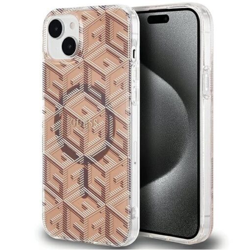 Original GUESS Case GUHMP15SHGCUSTGW für iPhone 15 Plus (Kompatibel mit Magsafe / IML GCUBE / braun)