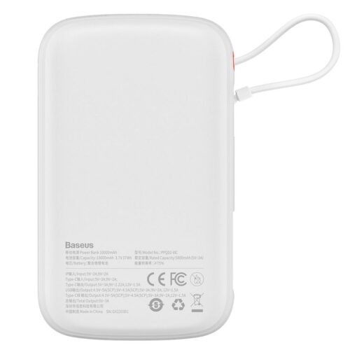 BASEUS Powerbank 10 000 mAh mit integriertem Typ C Kabel + USB A zu Typ C PD QC3.0 3A Kabel 22,5W PPQD020102 weiß – Bild 4