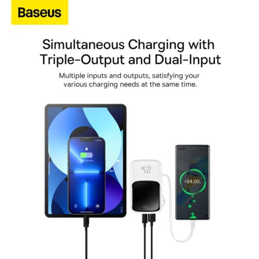 BASEUS Powerbank 10 000 mAh mit integriertem Typ C Kabel + USB A zu Typ C PD QC3.0 3A Kabel 22,5W PPQD020102 weiß – Bild 14