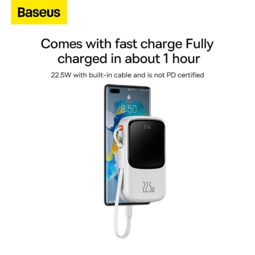 BASEUS Powerbank 10 000 mAh mit integriertem Typ C Kabel + USB A zu Typ C PD QC3.0 3A Kabel 22,5W PPQD020102 weiß – Bild 15