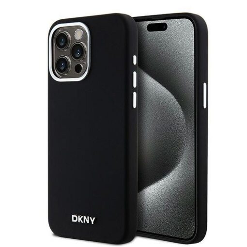 DKNY Handyhülle für IPHONE 15 Pro Max kompatibel mit MagSafe DKHMP15XSMCHLK (DKNY HC MagSafe Silicone W/Horizontal Metal Logo) schwarz