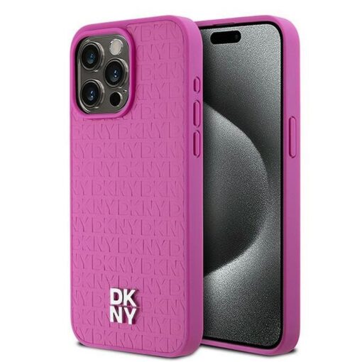 DKNY Handyhülle für IPHONE 15 Pro Max kompatibel mit MagSafe DKHMP15XPSHRPSP (DKNY HC MagSafe Pu Repeat Pattern W/Stack Logo) rosa