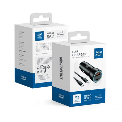Blue Star 25W Autoladegerät (PD, QC 3.0, AFC, PPS) mit USB C Anschluss und 60W USB C-C Kabel