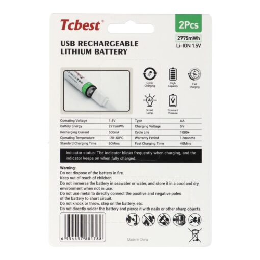 TCBEST rechargable battery R6 (AA) 750 mAh with socket Type C + cable USB A to 2 x Type C 2 pcs – Bild 3