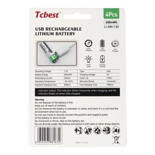 TCBEST rechargable battery R3 (AAA) 180 mAh with socket Type C + cable USB A to 4 x Type C 4 pcs – Bild 3