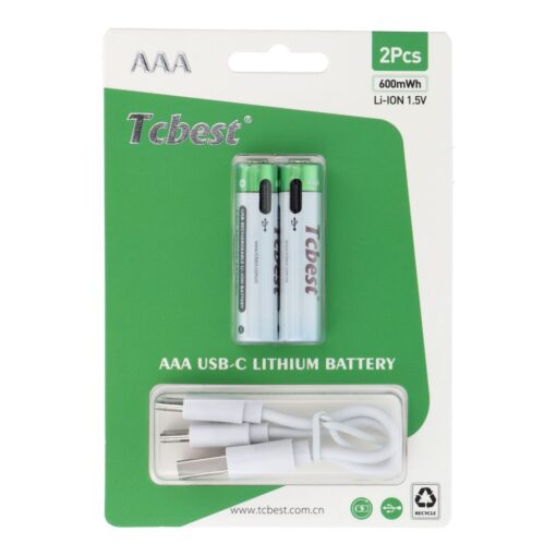 TCBEST rechargable battery R3 (AAA) 180 mAh with socket Type C + cable USB A to 2 x Type C 2 pcs