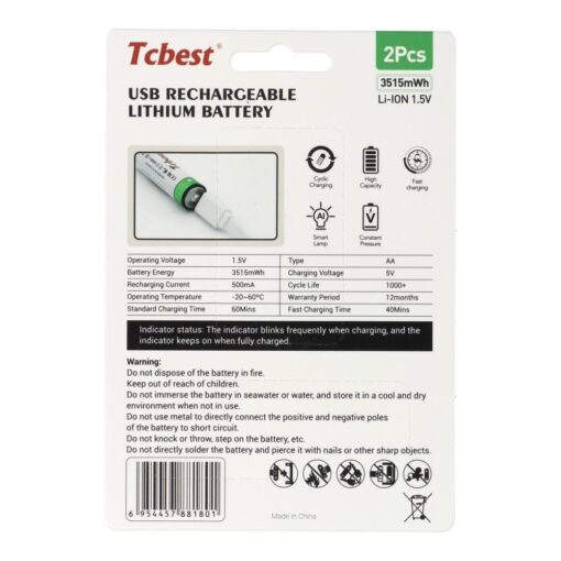 TCBEST rechargable battery R6 (AA) 950 mAh with socket Type C + cable USB A to 2 x Type C 2 pcs – Bild 3