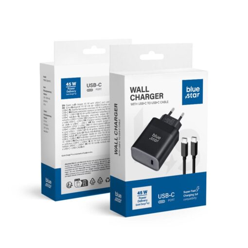 Blue Star Netz-Ladegerät mit USB-C-Anschluss und Typ-C-Kabel - 3A 45W mit PD- und QC 4.0-Ladefunktion