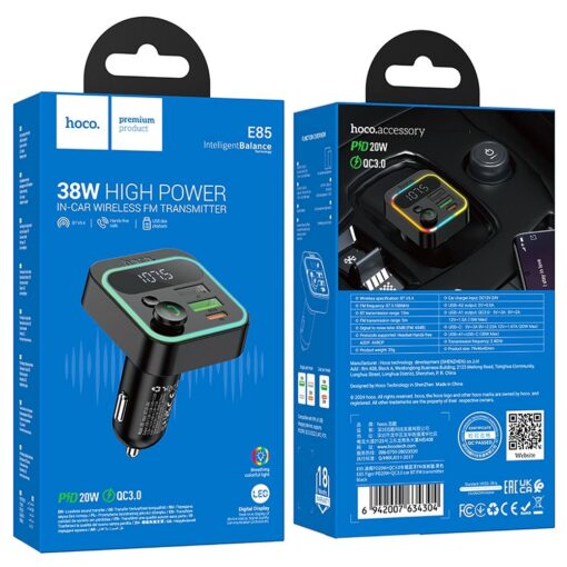 HOCO car transmitter FM bluetooth 2 x USB A + Type C PD QC3.0 20W E85 black – Bild 9